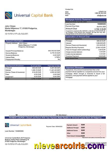 Montenegro Universal Capital Bank AD Podgorica mortgage statement Word and PDF template